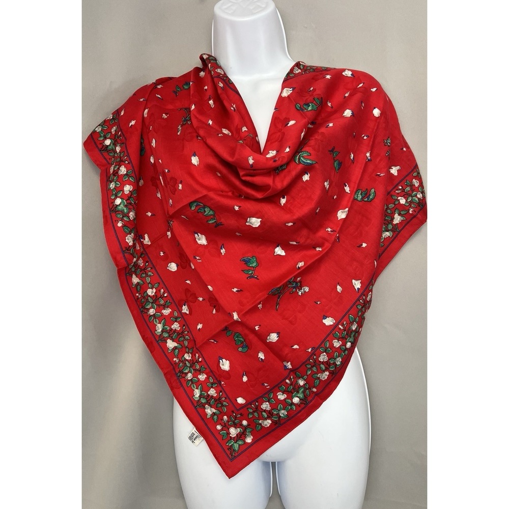 Vintage Ginnie Johansen 1987‎ Scarf Square Floral Red 26"x26"
